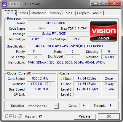 screenshot of CPU-Z validation for Dump [1c9vcj] - Submitted by  Micronz  - 2014-02-26 19:02:00