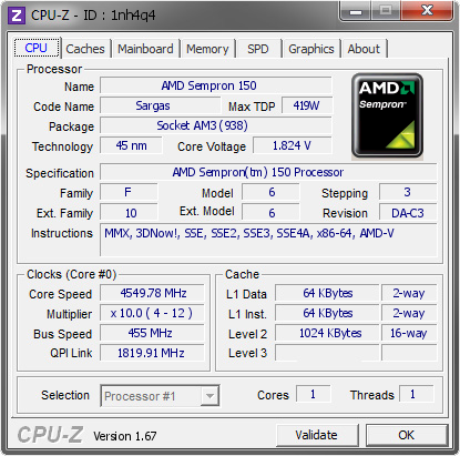 screenshot of CPU-Z validation for Dump [1nh4q4] - Submitted by  ObscureParadox  - 2014-06-25 02:06:54