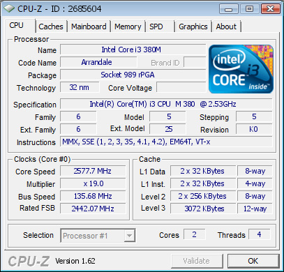 Besmirch S Cpu Frequency Score 2577 7 Mhz With A Core I3 380m