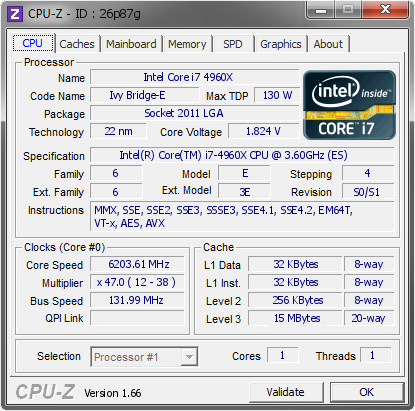 screenshot of CPU-Z validation for Dump [26p87g] - Submitted by  Pt1t - 4960x ln2 1core  - 2013-09-01 13:09:58