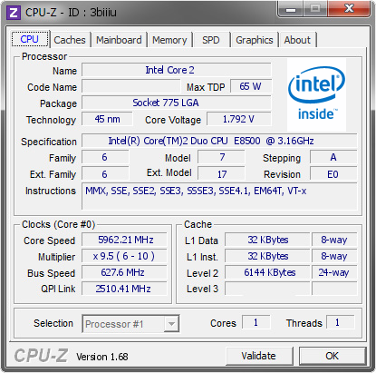 screenshot of CPU-Z validation for Dump [3biiiu] - Submitted by  STUBASS  - 2014-01-28 05:01:31