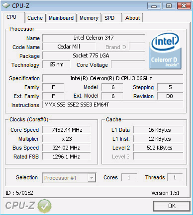 Intel Celeron D 347 @ 7452 MHz - SiD