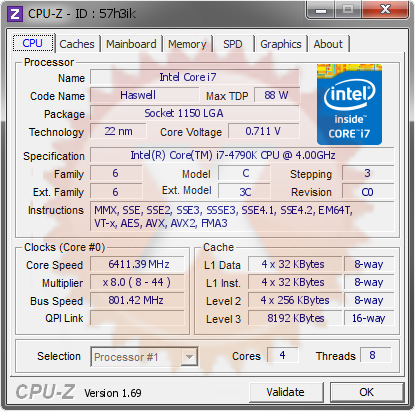 screenshot of CPU-Z validation for Dump [57h3ik] - Submitted by  WIN7-LEO  - 2014-07-08 00:07:00