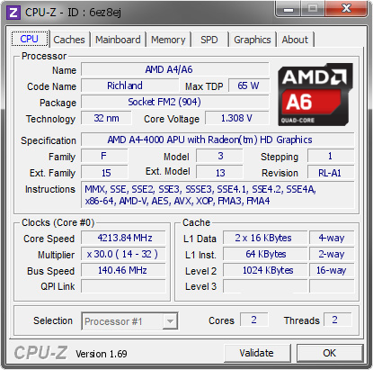screenshot of CPU-Z validation for Dump [6ez8ej] - Submitted by  FM2a88  - 2014-06-11 10:06:09