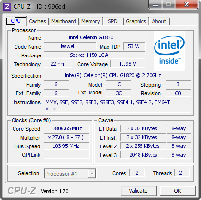 screenshot of CPU-Z validation for Dump [996ekl] - Submitted by  m-ramezani Exreeme G1820  - 2014-08-05 19:08:55