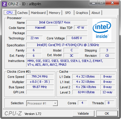 screenshot of CPU-Z validation for Dump [a8bp4n] - Submitted by  GLENSLAPPIE  - 2015-07-30 04:07:58