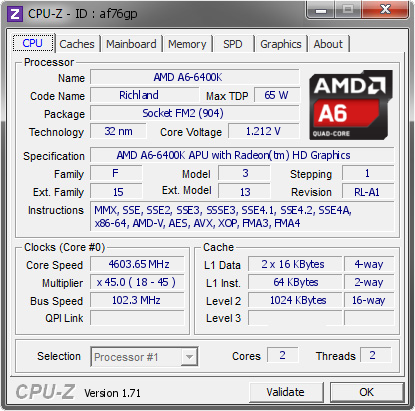 screenshot of CPU-Z validation for Dump [af76gp] - Submitted by  4hard2ware  - 2014-12-14 21:12:05