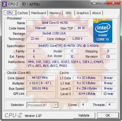 screenshot of CPU-Z validation for Dump [aj0fqu] - Submitted by  gamerdad  - 2013-12-13 17:12:12
