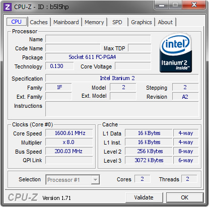 screenshot of CPU-Z validation for Dump [b5l5hp] - Submitted by  Chris\'s Itanium 2 rx2620  - 2014-10-30 20:10:02
