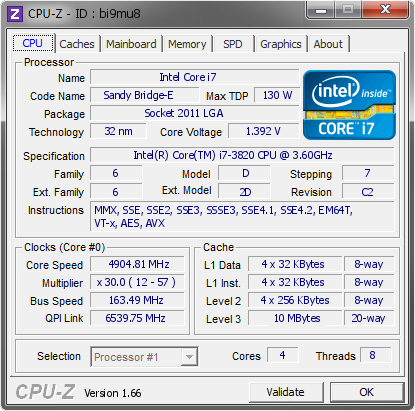 screenshot of CPU-Z validation for Dump [bi9mu8] - Submitted by  HOMECINEMA-PC  - 2013-09-12 11:09:47