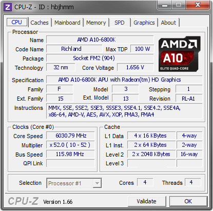 screenshot of CPU-Z validation for Dump [hbjhmm] - Submitted by  Alatar  - 2013-08-23 23:08:33