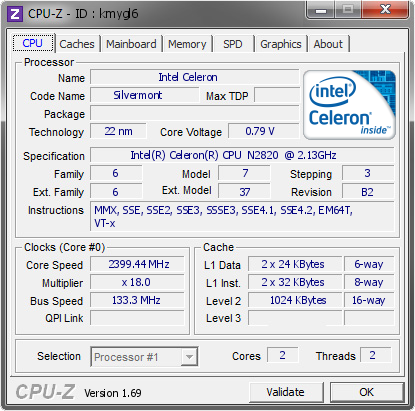 screenshot of CPU-Z validation for Dump [kmygl6] - Submitted by  GBN  - 2014-06-30 19:06:49