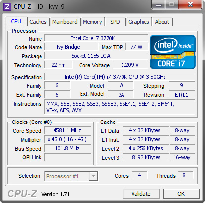 screenshot of CPU-Z validation for Dump [kyvil9] - Submitted by  VLADA-PC  - 2014-12-20 01:12:34