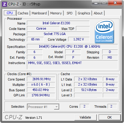 screenshot of CPU-Z validation for Dump [r5fnyp] - Submitted by  QuickFast  - 2015-08-02 00:08:01