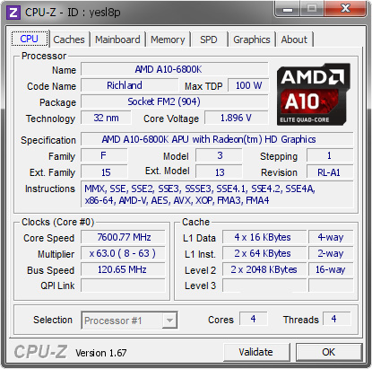 screenshot of CPU-Z validation for Dump [yesl8p] - Submitted by  XtremeCuztoms  - 2013-10-19 20:10:32